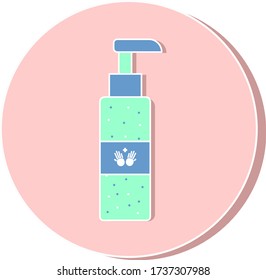 Hand sanitizer bottle with a pump dispenser on pink circle space isolated on white background with brown shadow.