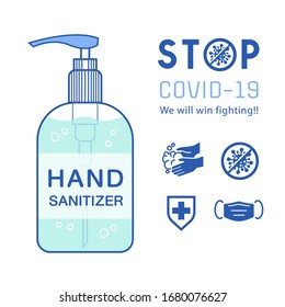 Hand sanitizer bottle with pump. Washing alcohol gel used against viruses, bacteria, flu, coronavirus.Virus protection concept idea. Vector illustrations in flat icon.