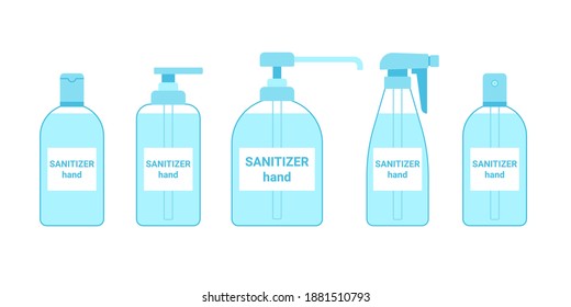 Hand sanitizer bottle set. Container of antiseptic antibacterial gel, liquid, spray. Hand cleaner. Handwashing, disinfection, hygiene, detergent against viruses, bacteria, flu, coronavirus. Vector