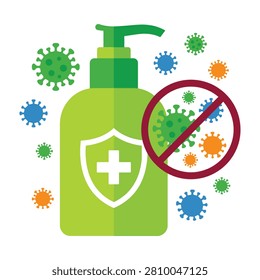 Hand sanitizer bottle with shield logo killing germs and viruses effectively always healthy
