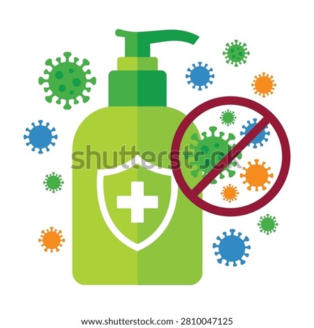 Hand sanitizer bottle with shield logo killing germs and viruses effectively always healthy