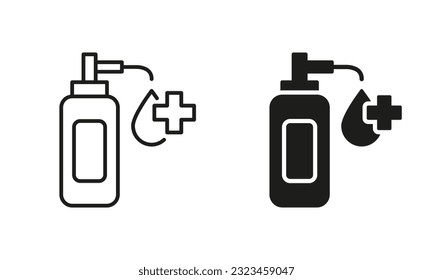 Hand Sanitizer Bottle Symbol Collection. Alcohol Disinfection Bottle with Pump Line and Silhouette Icon Set. Sanitizer Gel or Antiseptic Liquid to Kill Bacteria Virus. Isolated Vector illustration.