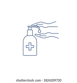 Hand sanitizer bottle thin line icon. Hand palms washing gel. Epidemic hygiene precautions. Antibacterial liquid. Virus infection prevention. Health safety. Outline vector isolated on white background