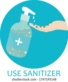 Hand sanitizer bottle with hand. Use sanitizer. Flat style vector illustration.
