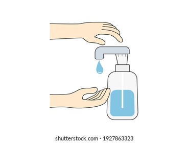 Hand sanitizer bottle, using alcohol gel on white background. Vector illustration.