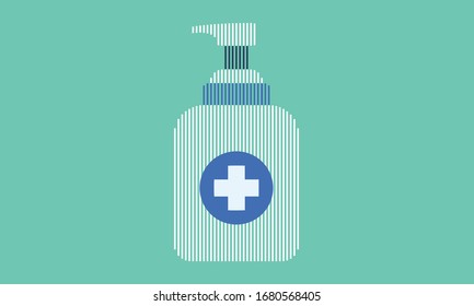 Hand sanitizer bottle, washing gel. Vector illustration in line art on light green background.