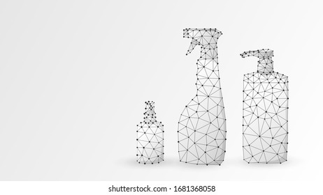 Hand sanitizer bottles set. Antibacterial spray, hygienic liquid, disinfection gel. Low poly, wireframe 3d vector illustration. Abstract polygonal image on white origami background