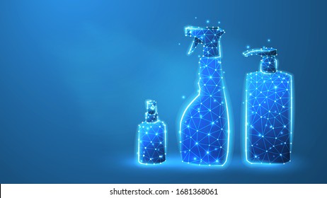 Hand sanitizer bottles set. Antibacterial spray, hygienic liquid, disinfection gel. Low poly, wireframe 3d vector illustration. Abstract polygonal image on blue neon background