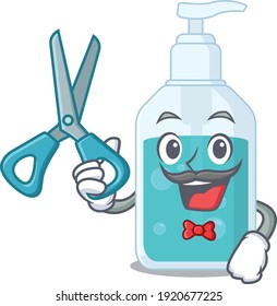 Hand sanitizer cartoon character design as talented barber