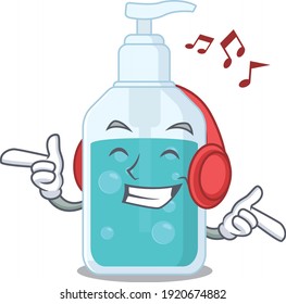 Hand sanitizer Cartoon design concept listening music on headphone