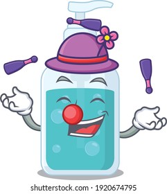 A hand sanitizer cartoon design style succeed playing juggling