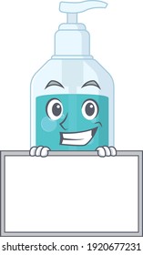 Hand sanitizer cartoon design style standing behind a board