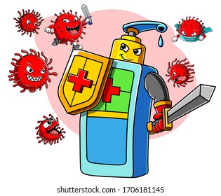 Hand sanitizer character with sword and shield fight coronavirus covid 19 of illustration