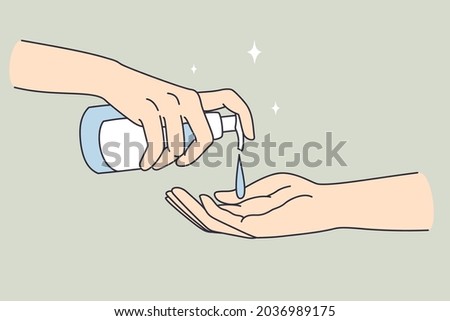 Hand sanitizer and cleaning concept. Human hands pulling soap or sanitizer for hygiene one to another vector illustration 