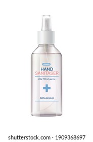 Hand Sanitizer Composition With Realistic Image Of Antivirus Aerosol Dispenser Spray Bottle With Medical Label Vector Illustration