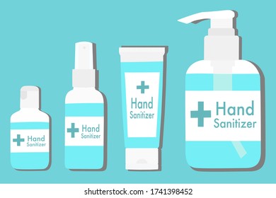Hand sanitizer container (pump bottle, bottle, spray, tube). Disease prevention method. Avoid infection by using alcohol gel. Disinfectant product. Stop spreading contagious. Advertisement design.