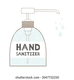 Hand sanitizer container. Washing alcohol gel used against viruses, bacteria, flu, coronavirus. Waterless hand cleaner. Handwashing. Cute letters.
