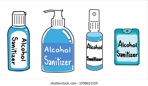 Conjunto de iconos de contenedores de sanitizer manual. Como alcohol espumoso en frasco de Spray o botella de gel de alcohol. Gel de alcohol de lavado utilizado contra virus, bacterias, gripe, coronavirus (Covid-19). Limpiador de manos sin agua.