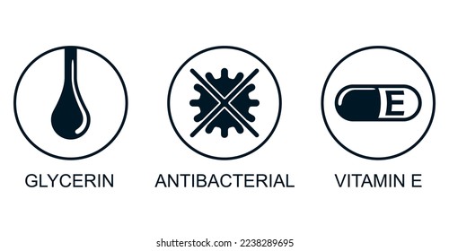 Hand sanitizer cream or gel icons set for packaging - Glycerin, Antibacterial, Vitamin E. Flat pictograms