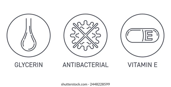 Hand sanitizer cream or gel icons set for packaging - Glycerin, Antibacterial, Vitamin E. Pictograms in thin line