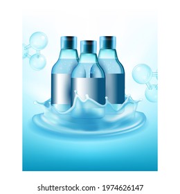 Hand Sanitizer Creative Promotional Banner Vector. Sanitizer Blank Bottles And Chemical Liquid Splash On Advertise Poster. Disinfectant For Washing And Disinfection Style Concept Layout Illustration