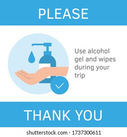 Hand sanitizer, hand desinfection concept banner. Guidance, recommendation. Avia coronavirus prevention rules. Travel guidance for travelers avia flights, train trips infographic flat style vector