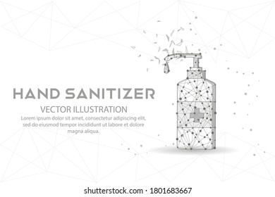Hand sanitizer digitally drawn in the form of broken a part triangle shape and scattered dots low poly wire frame.
