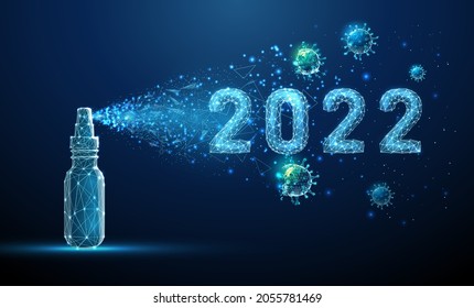 Hand sanitizer disinfecting 2022 year with molecules of virus. Covid-19 virus. Low poly style design. Abstract futuristic geometric background.  Modern graphic concept. Isolated vector illustration