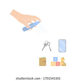 hand with a sanitizer disinfects keys, toys, wallet and phone. concept of sterilization of personal item. info poster for people about hygiene basics. color flat sign isolated on white background