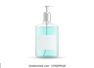 Hand sanitizer in dispenser bottle. Alcohol gel. Bottle mockup for your product. Realistic hand wash gel. Vector illustration isolated on white background.
