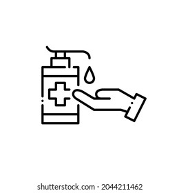 Hand sanitizer dispenser. Disinfectant gel for disease prevention. Information sign for restrooms or restaurants. Pixel perfect, editable stroke