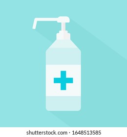 Hand Sanitizer Dispenser, infection control concept. Sanitizer to prevent colds, virus, Coronavirus, flu. Clean Blue background. Antimicrobial germ kill spray bottle.
