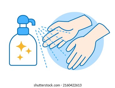 Hand sanitizer dispenser, infection control concept. Sanitizer to prevent colds, viruses, coronaviruses and flu. Spray bottle and hands on a clean blue background.
