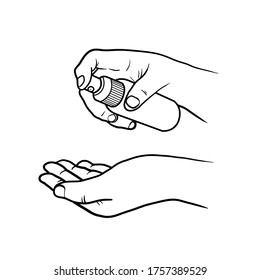 Hand Sanitizer, ilustración vectorial a mano de cómo mantener las manos limpias del virus y bacterias de la corona mediante pulverización de desinfectante a mano