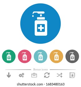 Hand sanitizer flat white icons on round color backgrounds. 6 bonus icons included.