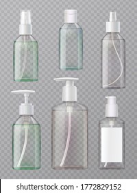 Hand Sanitizer Full Clear Acrylic Press And Aerosol Dispenser Spray Bottles Realistic Set Transparent Background Vector Illustration 