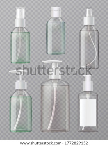 Hand sanitizer full clear acrylic press and aerosol dispenser spray bottles realistic set transparent background vector illustration 