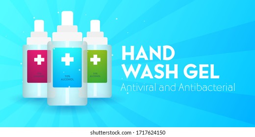 Hand Sanitizer gel ads. Antibacterial effect, antiseptic hand gel in bottles. Vector Illustration