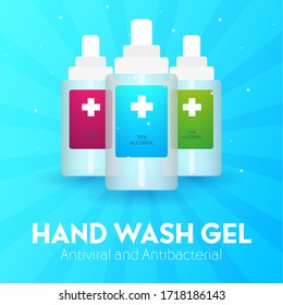 Hand Sanitizer gel ads. Antibacterial effect, antiseptic hand gel in bottles. Vector Illustration
