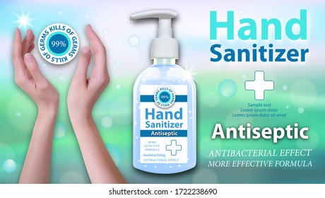 Hand Sanitizer gel ads. Horizontal banner with womens hands. Antiseptic hand gel in bottles with dispenser. Best protection against viruses. Vector illustration.