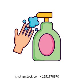 hand with sanitizer gel bottle icon over white background, flat style, vector illustration