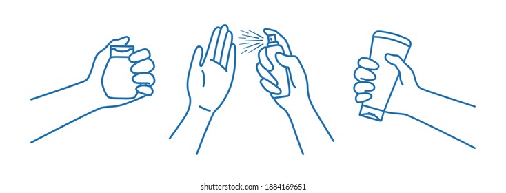 Hand and sanitizer gel bottle line blue icon set. Spraying linear style sign. Disinfection sanitary hygiene infographic. Antiseptic cartoon collection. Healthcare isolated vector illustration