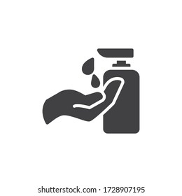 Hand and sanitizer gel bottle vector icon. filled flat sign for mobile concept and web design. Hand with Liquid soap glyph icon. Symbol, logo illustration. Vector graphics