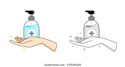 Hand sanitizer gel with clean, shiny disinfection hand for hygiene, healthy product concept isolated on white background. Using alcohol gel to protect from germs and stop spreading of Covid19