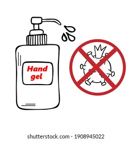 Hand sanitizer gel pump dispenser killing coronavirus vector illustration sketch doodle hand drawn isolated on white background. Stop coronavirus. Antibacterial soap or antiseptic gel label.