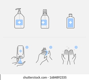 Hand sanitizer and hygienic gel products icon set, alcohol based antiseptic or anti bacterial  gel, step by step applying hand sanitizer to hands properly, infographics vector