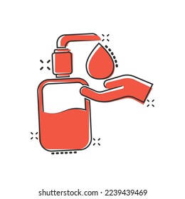 Hand sanitizer icon in comic style. Antiseptic bottle cartoon vector illustration on isolated background. Disinfect gel splash effect sign business concept.