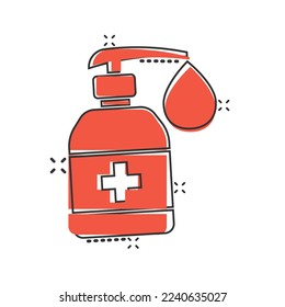 Hand sanitizer icon in comic style. Antiseptic bottle cartoon vector illustration on isolated background. Disinfect gel splash effect sign business concept.