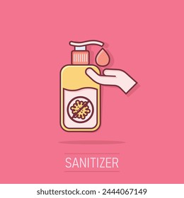Hand sanitizer icon in comic style. Antiseptic bottle cartoon vector illustration on isolated background. Disinfect gel splash effect sign business concept.