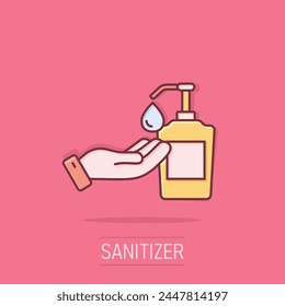 Hand sanitizer icon in comic style. Antiseptic bottle cartoon vector illustration on isolated background. Disinfect gel splash effect sign business concept.